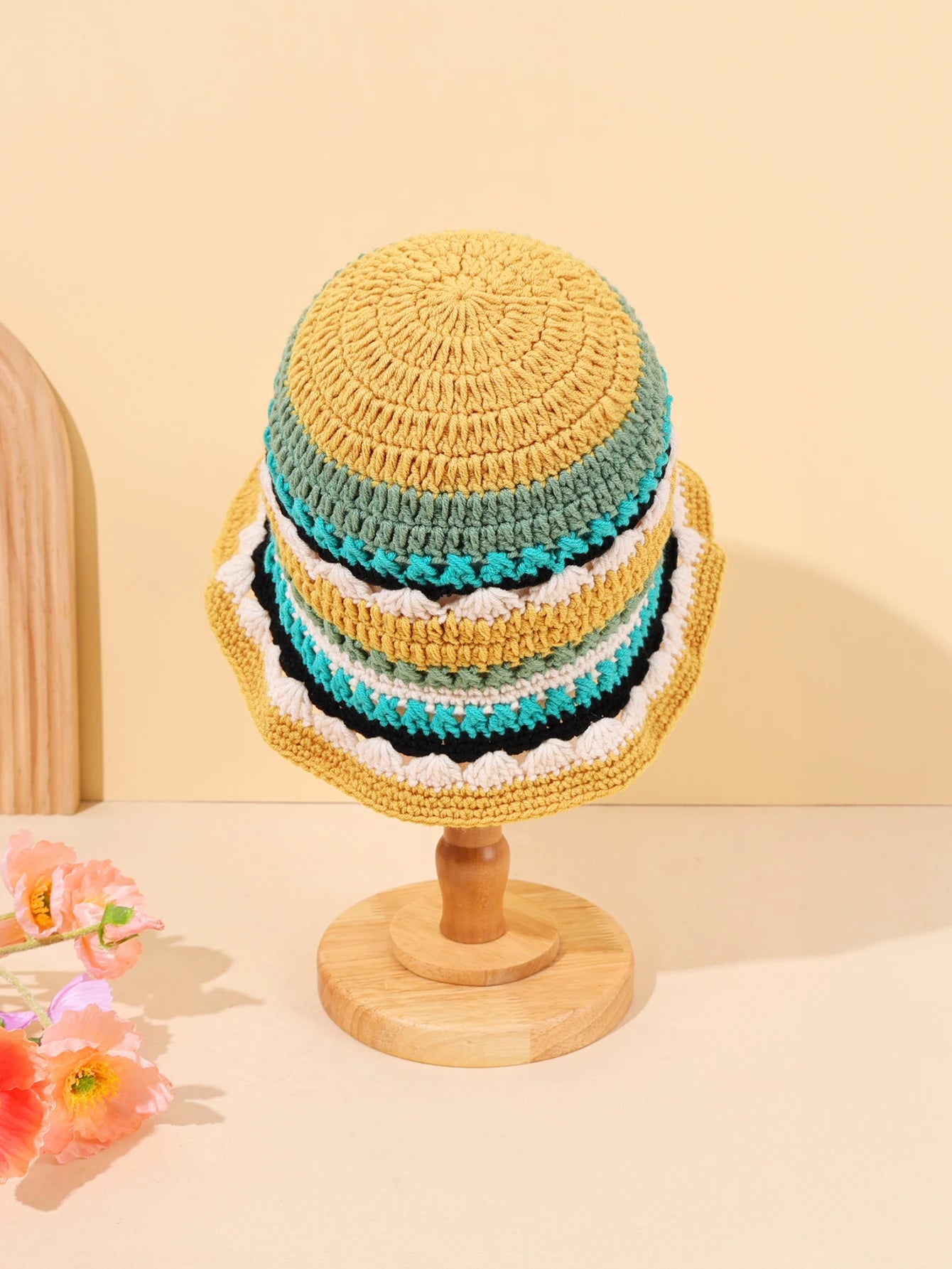 Women Color Block Flower Crochet Fisherman Hat