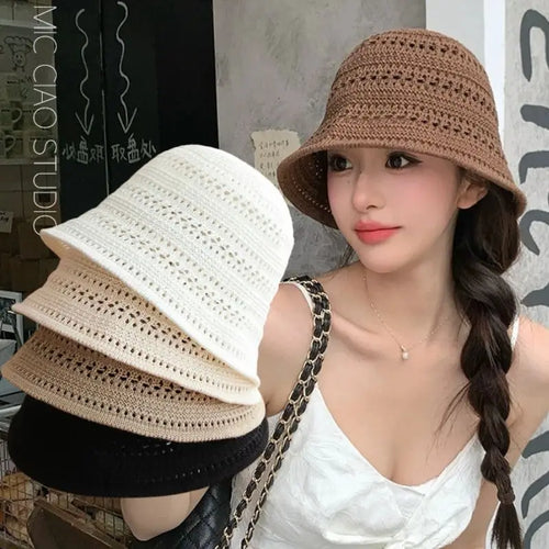 Hollow Knitted Straw Crochet Bucket Hat