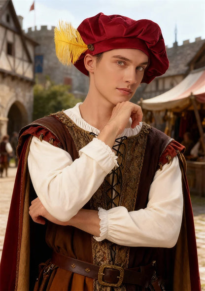 Quality Medieval Unisex Beret Hat With Feather Suede Tudor Hat