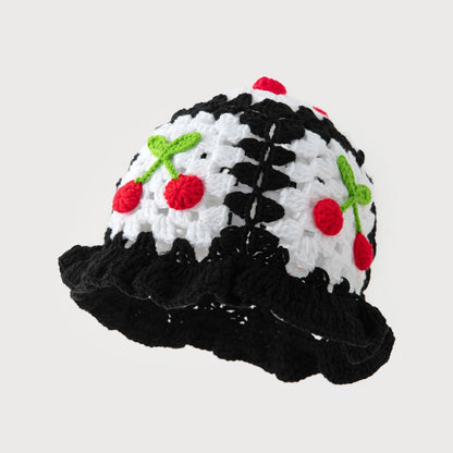 3D Cherry Crochet Ruffled Bucket Hat