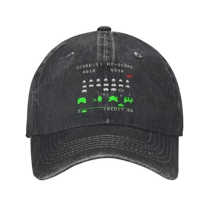 Space Invaders Pixelated Distressed Washed Denim Baseball Cap