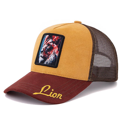 Hot Sale Unisex Mesh Cap Lion Pattern Patch Design Suede Hat Women And Men Summer Animal Baseball Cap Fashion Trucker Hat Size 56-60cm