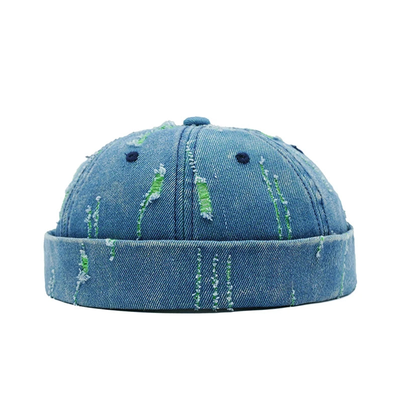 Tear Broken Denim Docker Cap Colorful Brimless Caps