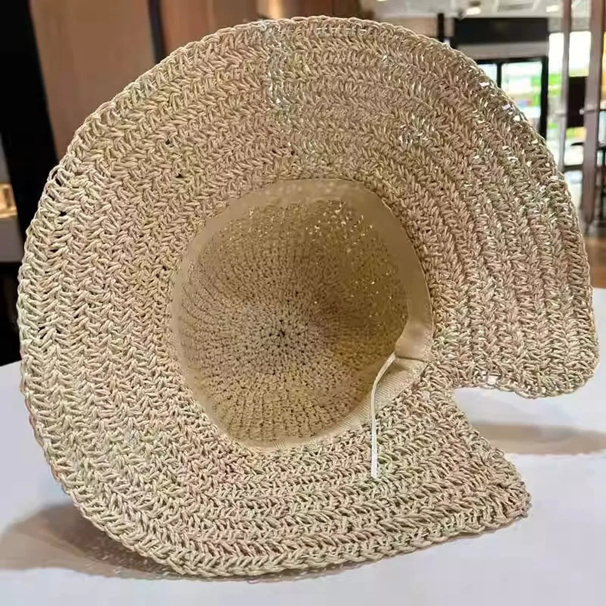Women Pearl Straw Crochet Foldable Bucket Hat