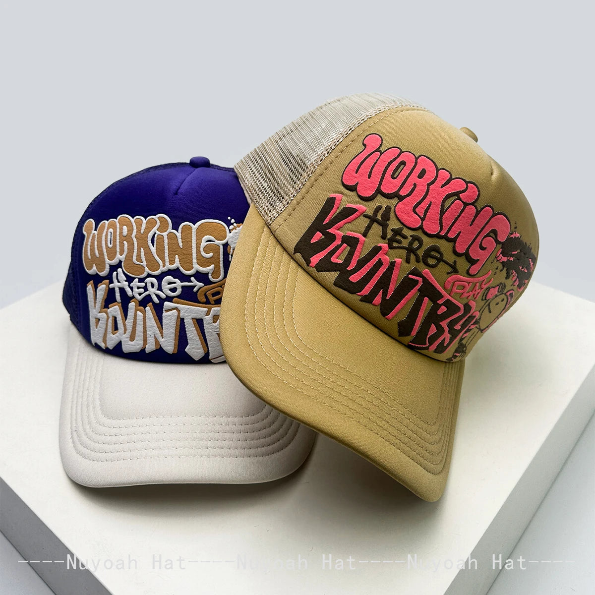 Cartoon Graffiti Printed Colorblock Mesh Snapback Cap