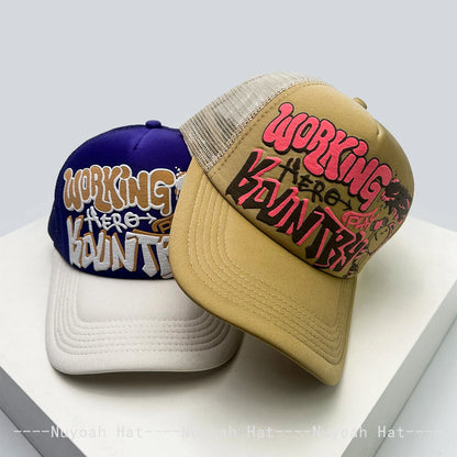 Cartoon Graffiti Printed Colorblock Mesh Snapback Cap