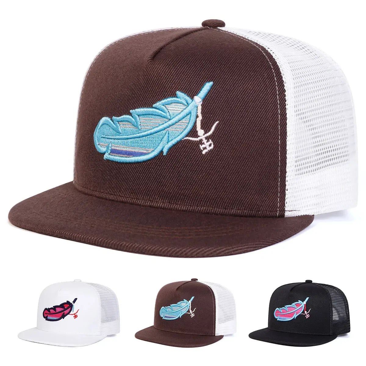 Colorful Feather Embroidered Mesh Snapback Cap