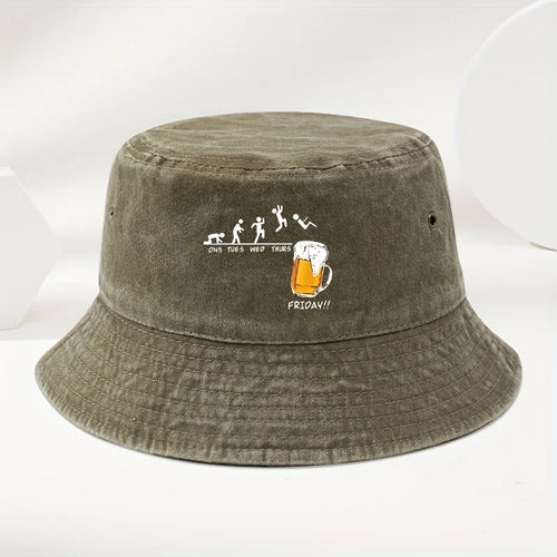 Beer Cup Print Washed Cotton Bucket Hat