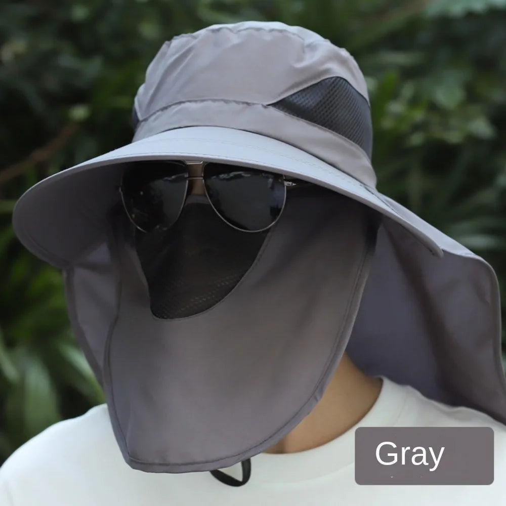 Adjustable Wide Brim UV Protection Bucket Hat With Face Mask
